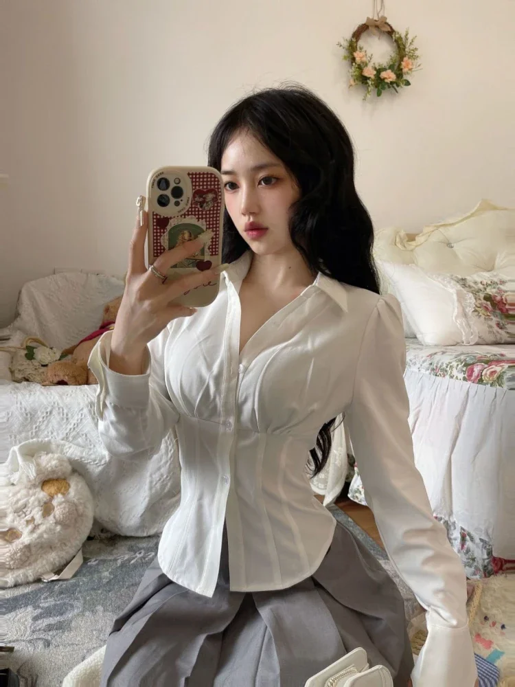 Y2K Winter Clothing - Y2K Weiße Bluse Frauen Koreanische Mode